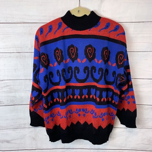vintage blue red black lurex sweater Dolman Knit acrylic retro unisex hearts M 8 - Picture 3 of 9